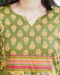Green Sanganeri yoke kurta