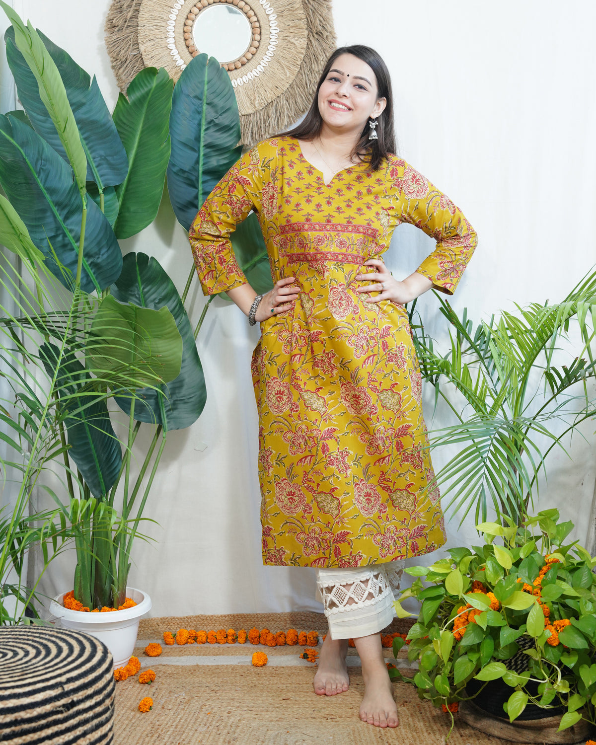 Mustard Sanganeri yoke kurta