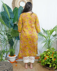 Mustard Sanganeri yoke kurta