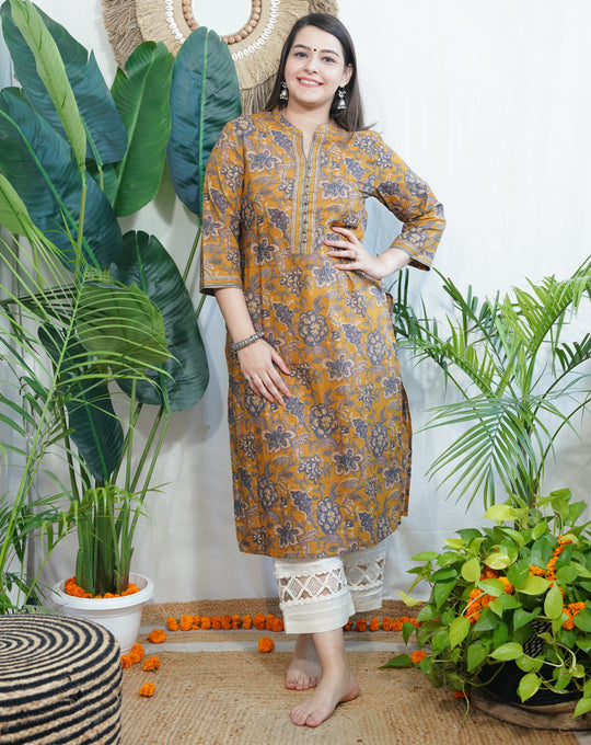 Mustard jaal Pothli button kurta