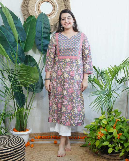 Grey Sanganeri yoke kurta