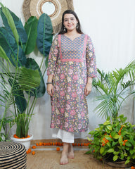 Grey Sanganeri yoke kurta