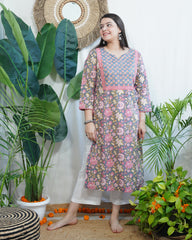 Grey Sanganeri yoke kurta