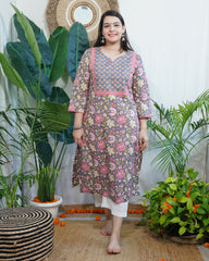 Grey Sanganeri yoke kurta