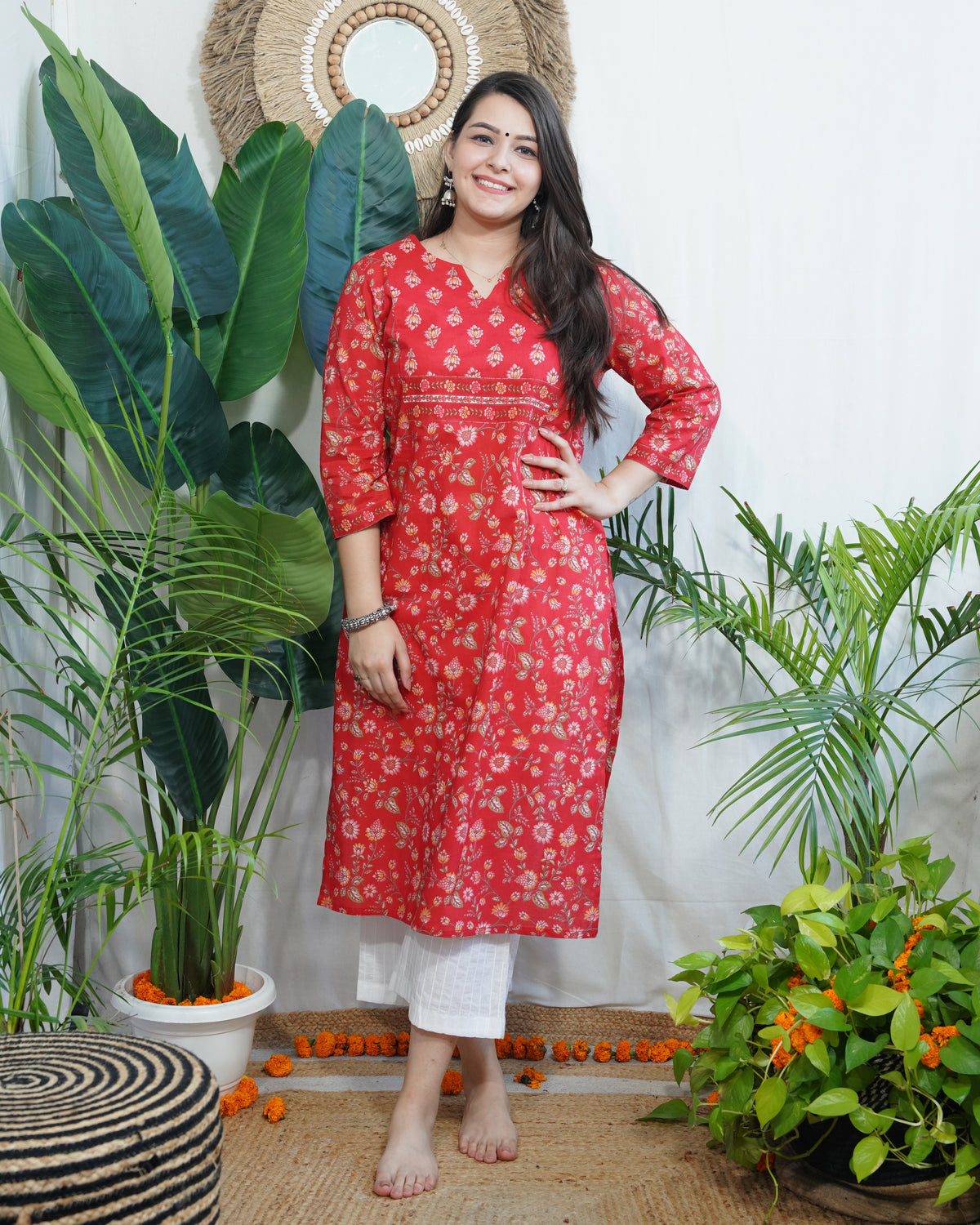 Magenta Floral yoke kurta