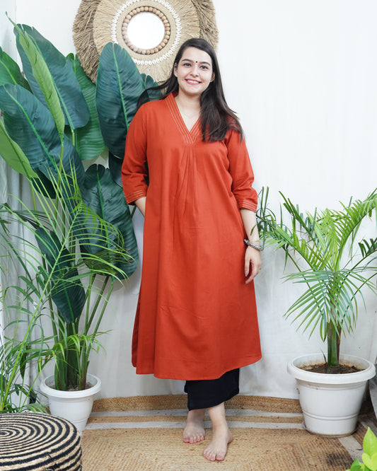Rust A-line Gather style Kurta with pocket