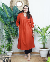 Rust A-line Gather style Kurta with pocket