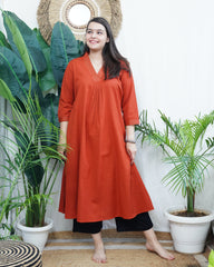 Rust A-line Gather style Kurta with pocket