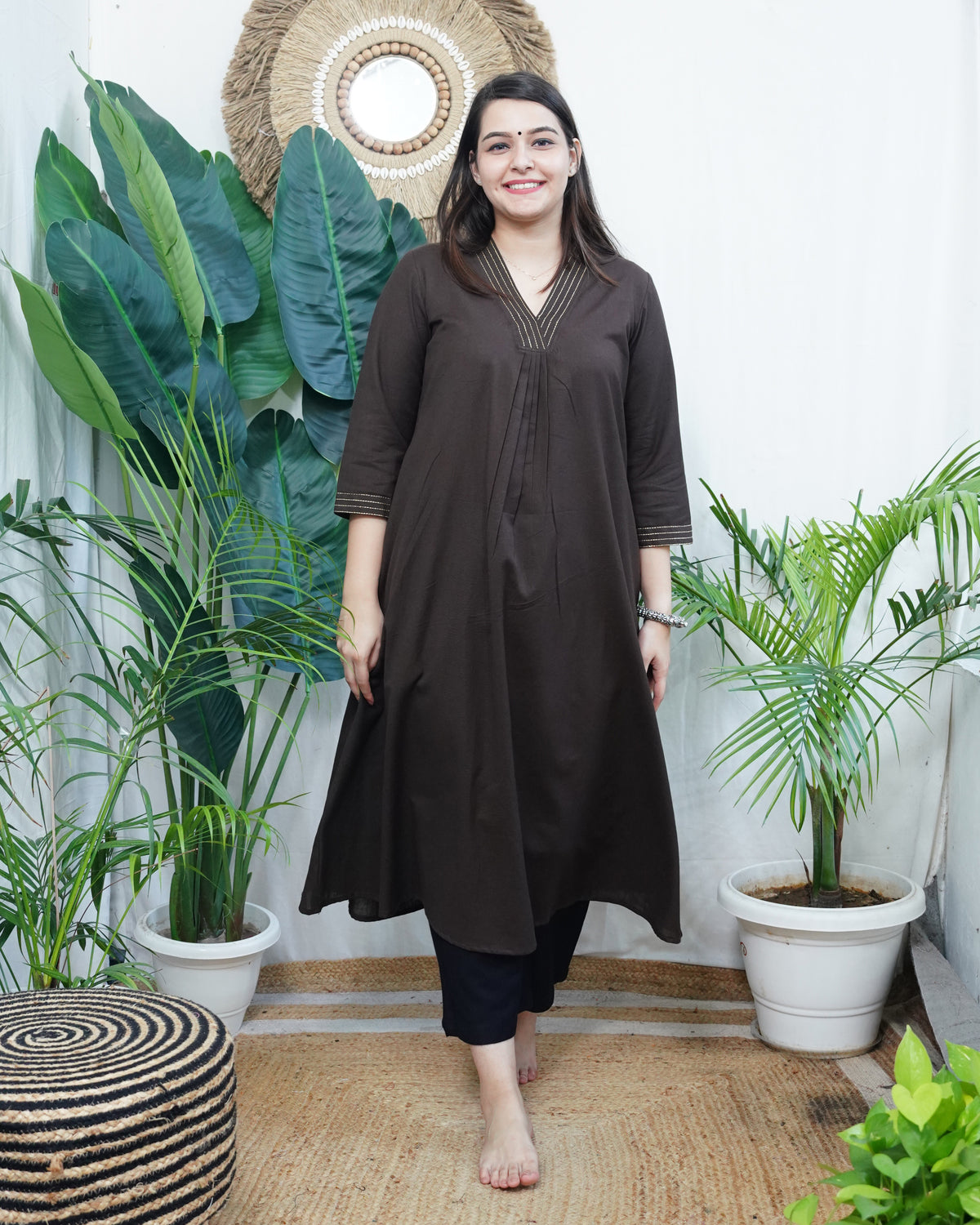 Coffee A-line Gather style Kurta with pocket