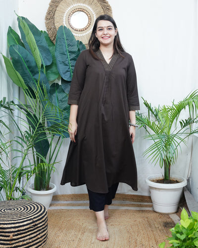 Coffee A-line Gather style Kurta with pocket