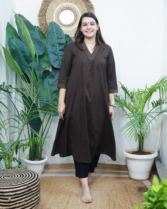 Coffee A-line Gather style Kurta with pocket