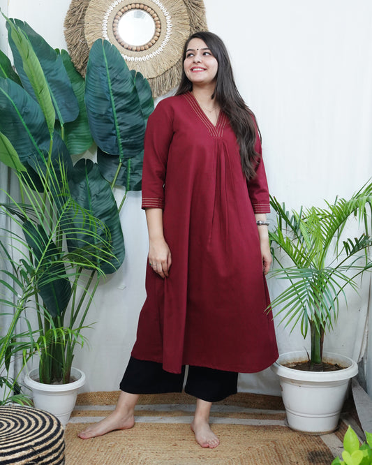Maroon A-line Gather style Kurta with pocket