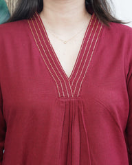 Maroon A-line Gather style Kurta with pocket