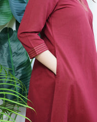 Maroon A-line Gather style Kurta with pocket