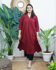 Maroon A-line Gather style Kurta with pocket