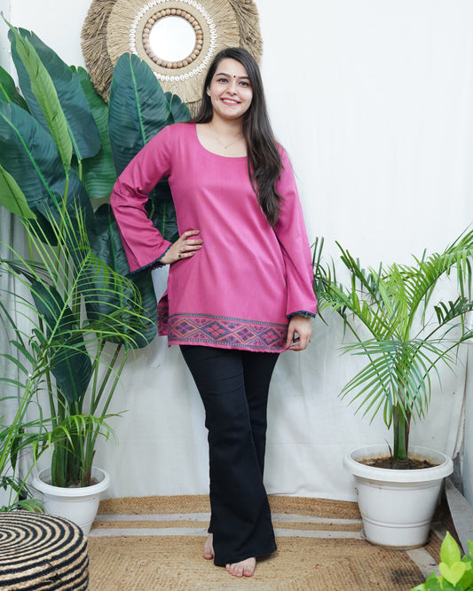 Pink Kullu border woollen short kurti