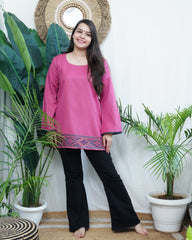Pink Kullu border woollen short kurti