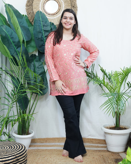 Peach kanni embroidered WOOLLEN short kurti