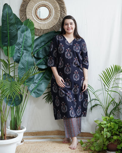 Dark blue Ajrakh Hand-block Print Coord set