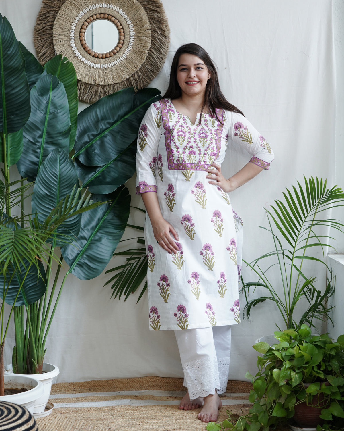 White floral checkline yoke kurta