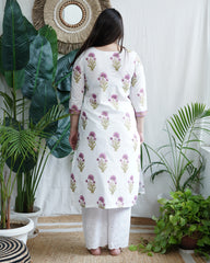 White floral checkline yoke kurta