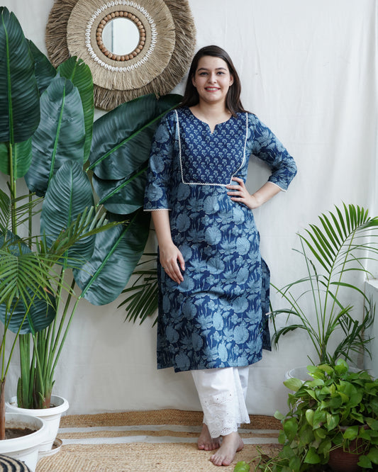 Indigo floral round neck yoke kurta