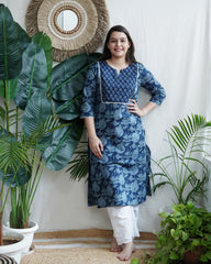 Indigo floral round neck yoke kurta