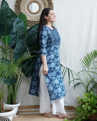 Indigo floral round neck yoke kurta