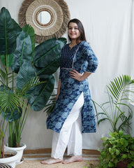 Indigo floral round neck yoke kurta