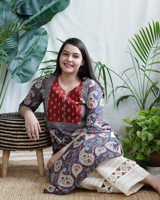 Blue ambi leaf yoke kurta