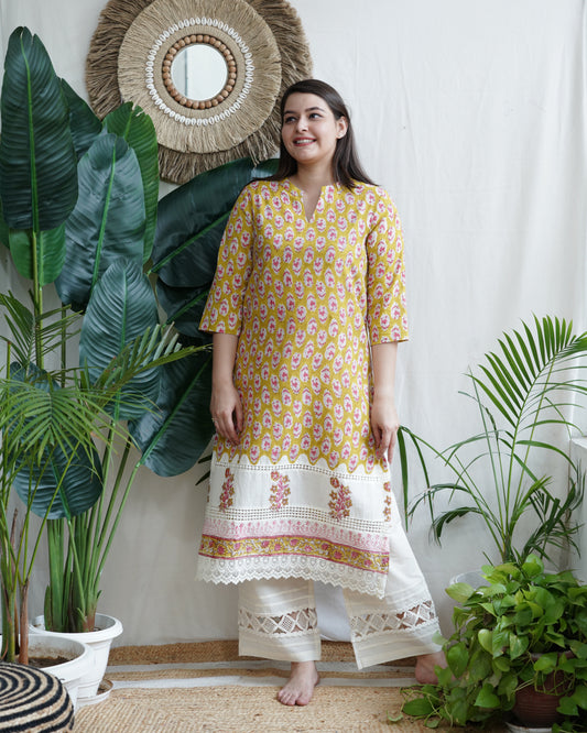 Mustard yellow choti buti lacework kurta