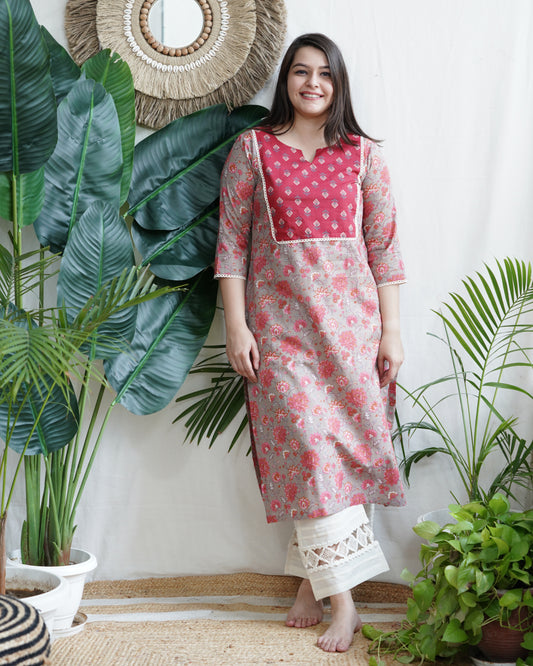 Grey floral print yoke kurta