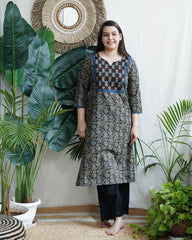Brown Block Printed yoke Kurta