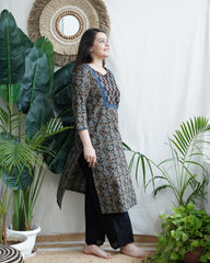 Brown Block Printed yoke Kurta