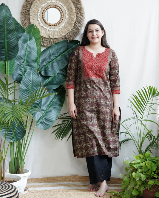Printed Maroon yoke kurta