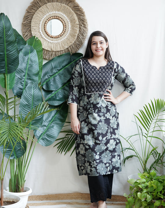 Black floral yoke kurta
