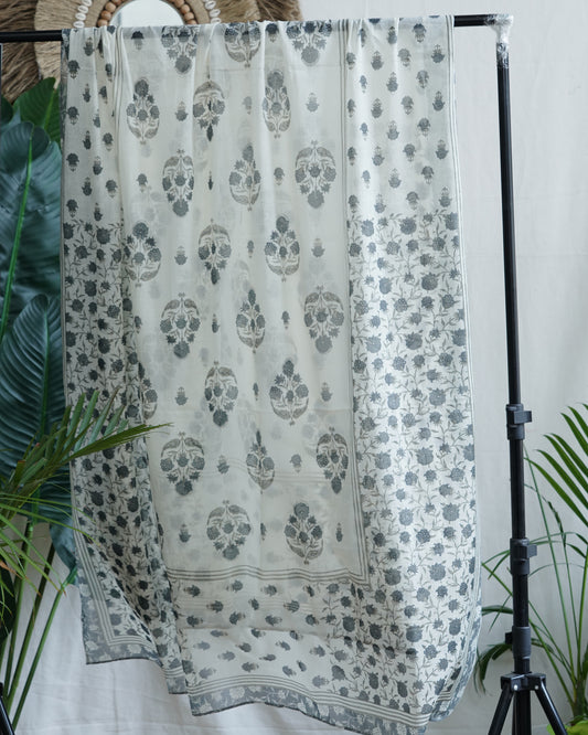 Grey floral print mulmul dupatta