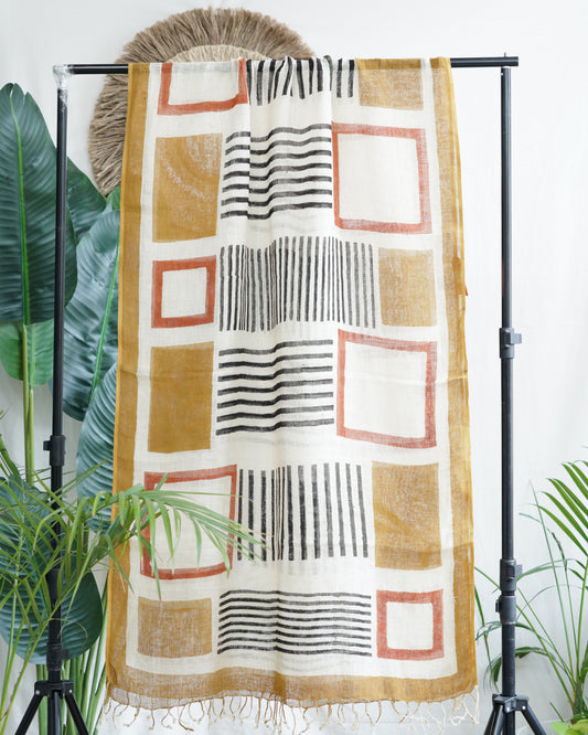 Mustard handblock print abstract linen dupatta
