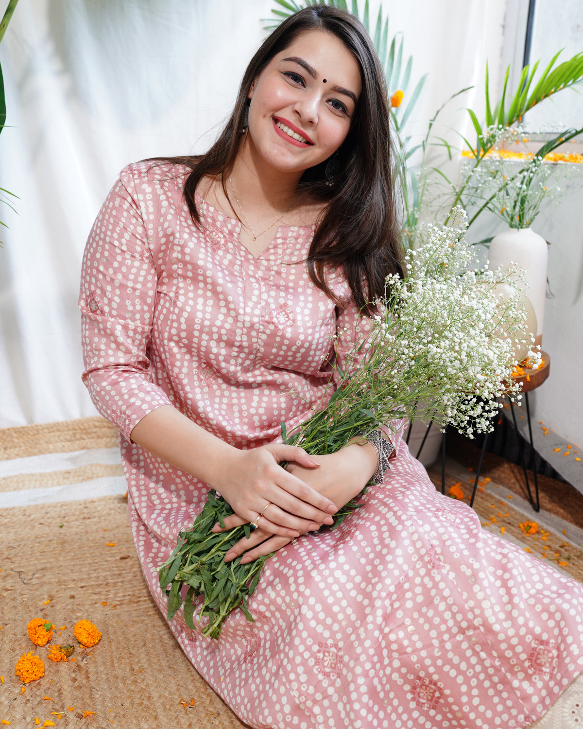 Pink Bandhini Aline kurta