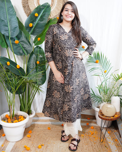 Brown Floral Aline kurta