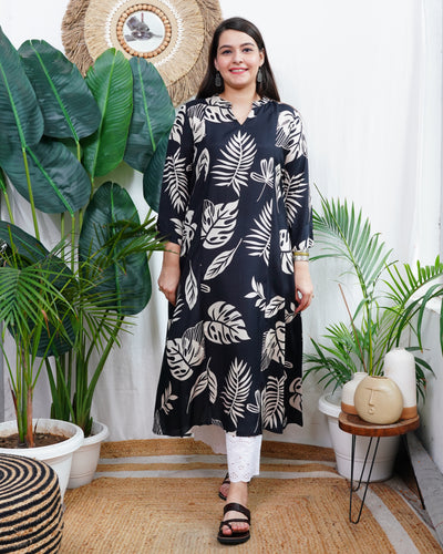 Black big leaf aline kurta with pocket