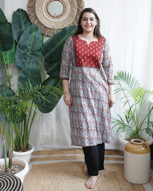 Ajrakh  Handblock  Maroon Yoke Kurta