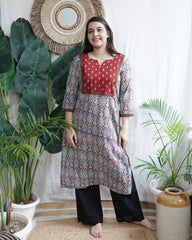 Ajrakh  Handblock  Maroon Yoke Kurta