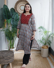 Ajrakh  Handblock  Maroon Yoke Kurta