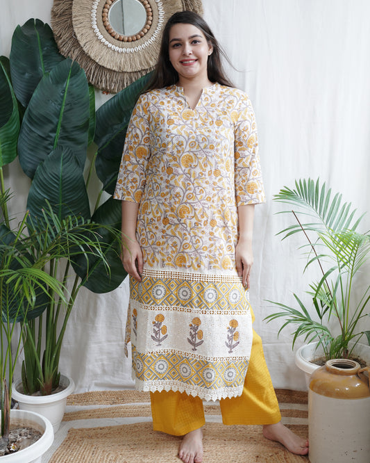 Handblock lacework kurta (MUSTARD)