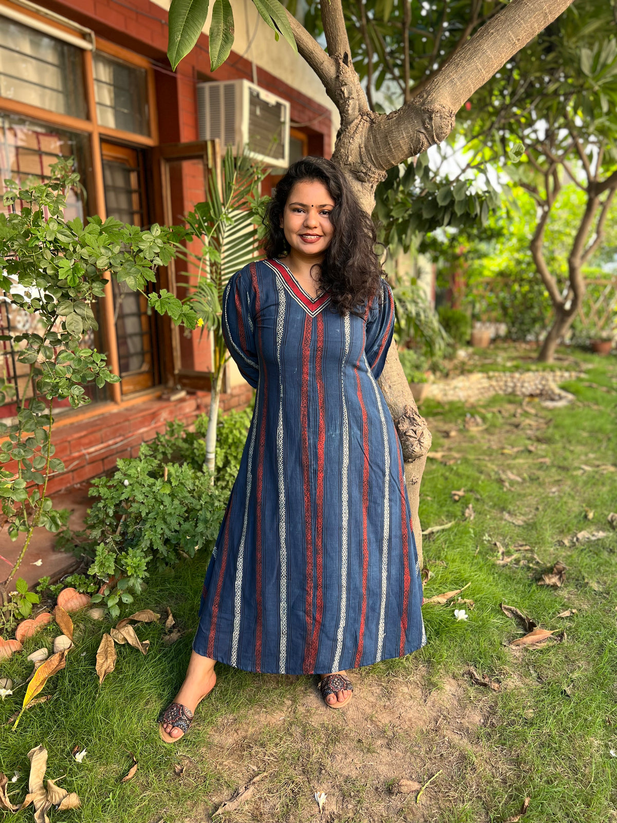 Indigo Lines Handblock dress with pockets - MYSANSKRITAM