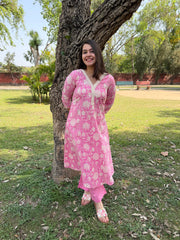 Pink floral Aline coord set with pocket
