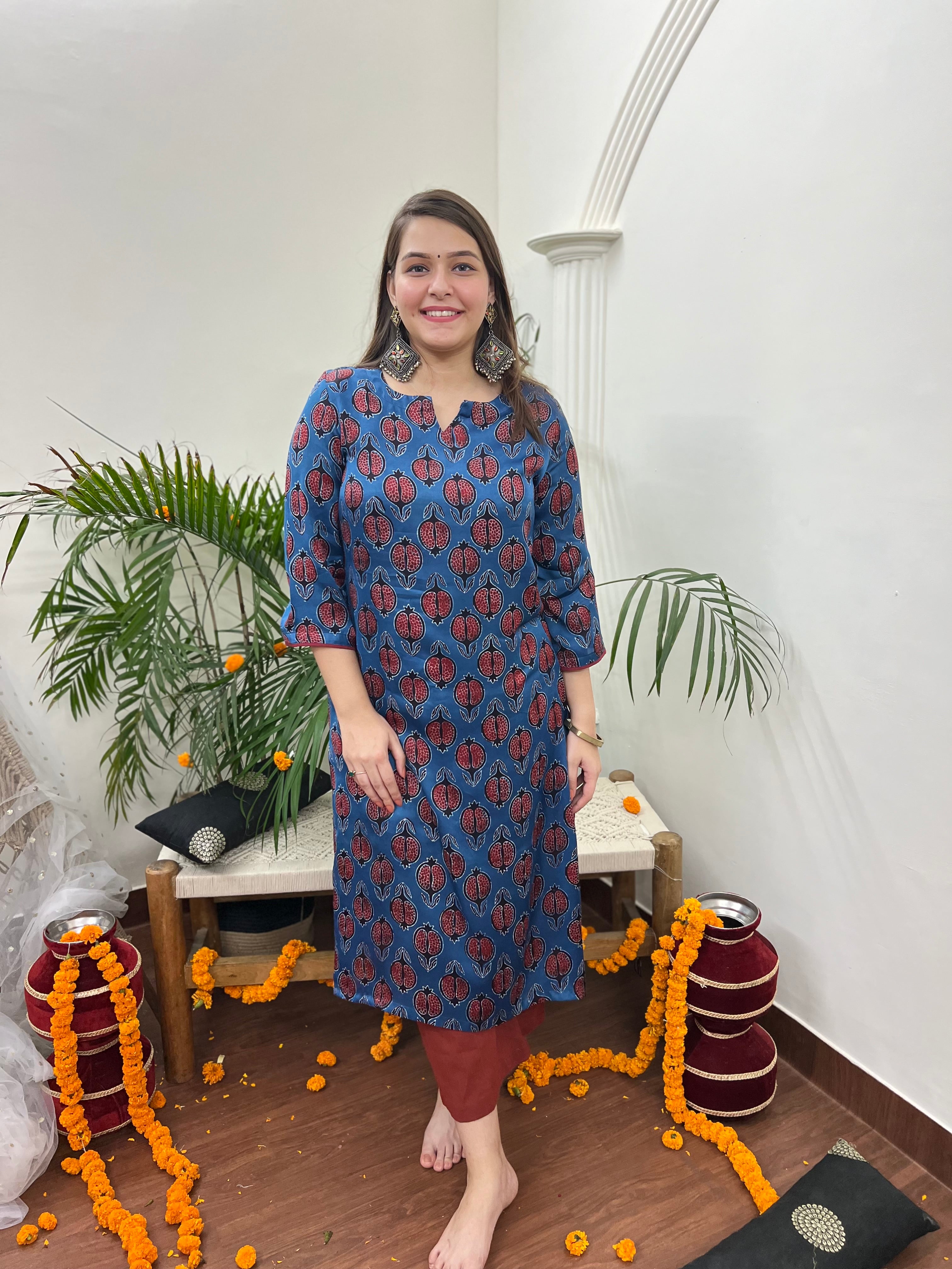 Premium Modal Indigo Anar long kurta - MYSANSKRITAM