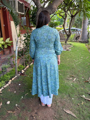 Teal Green Floral Pintucks A-line Kurta from the back by MySanskritam