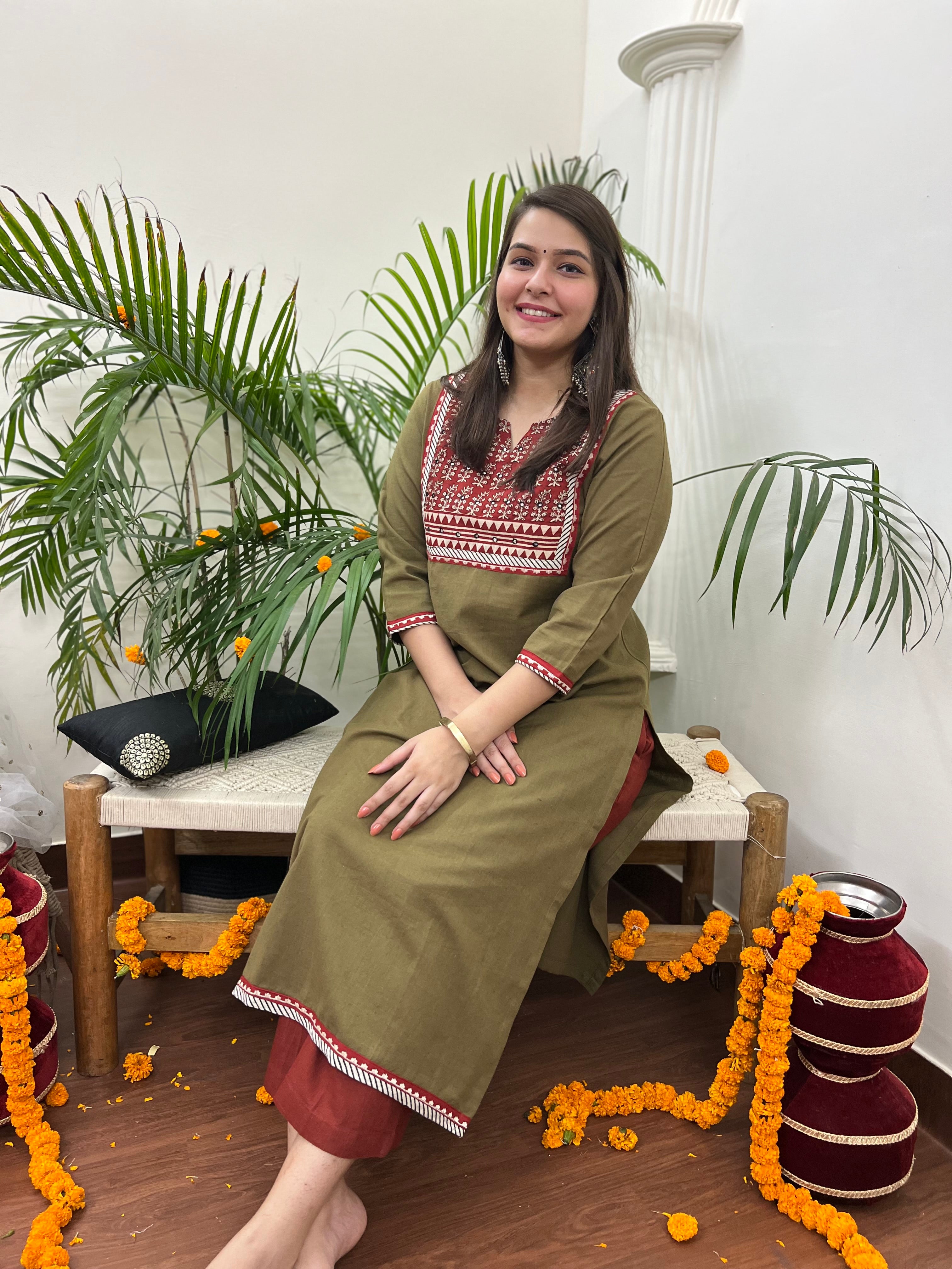 Mehendi embroidered yoke Long kurta - MYSANSKRITAM